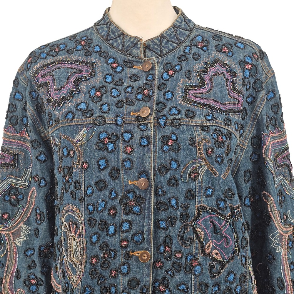 Chicos Heavily Beaded Denim Jacket L Blue Art to Wear Bohemian Paisley Artsy - Picture 12 of 12